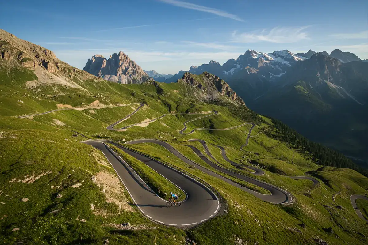 Ciclista solitario en un puerto de montaña con paisaje alpino y curvas de carretera