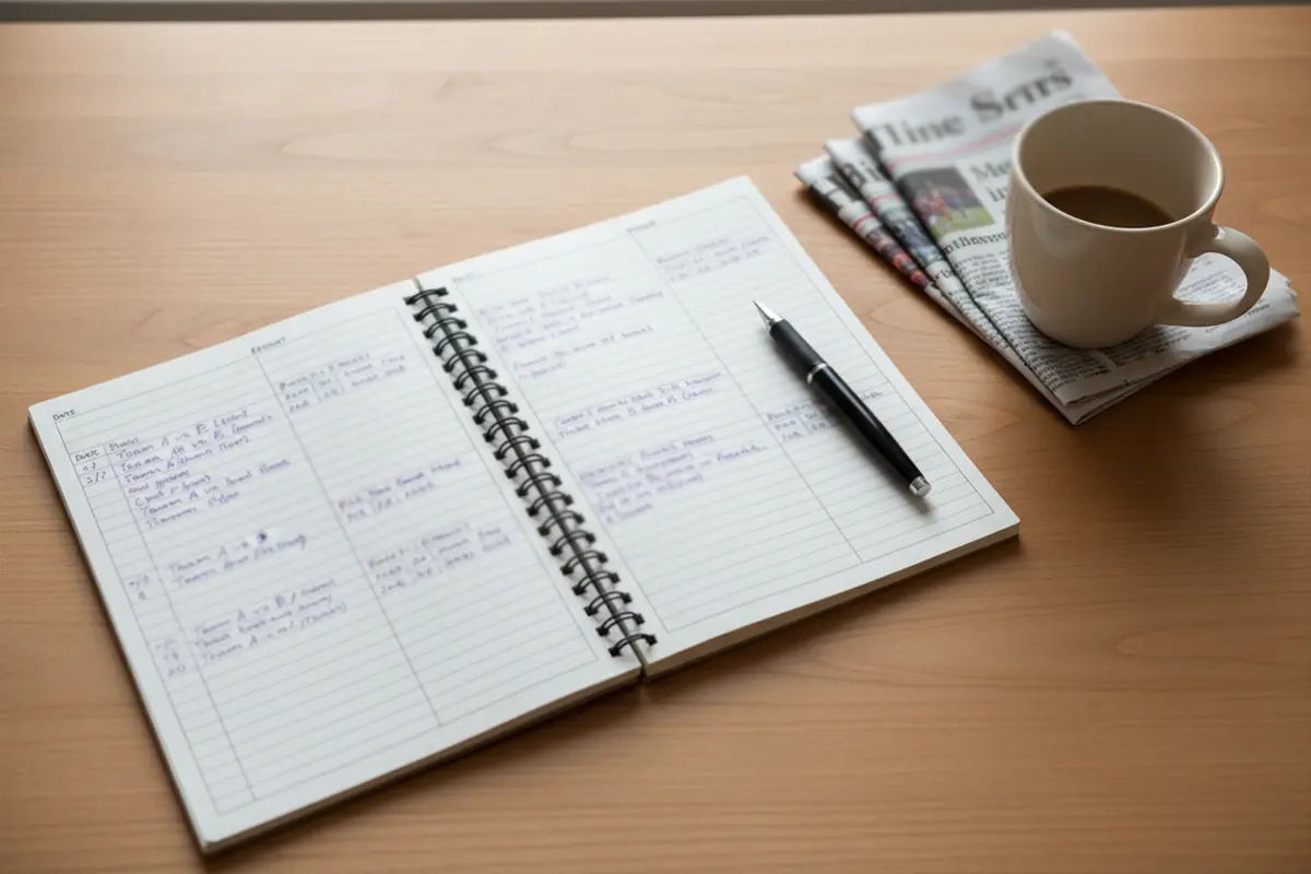 Bloc de notas con registro de apuestas y bolígrafo sobre un escritorio ordenado