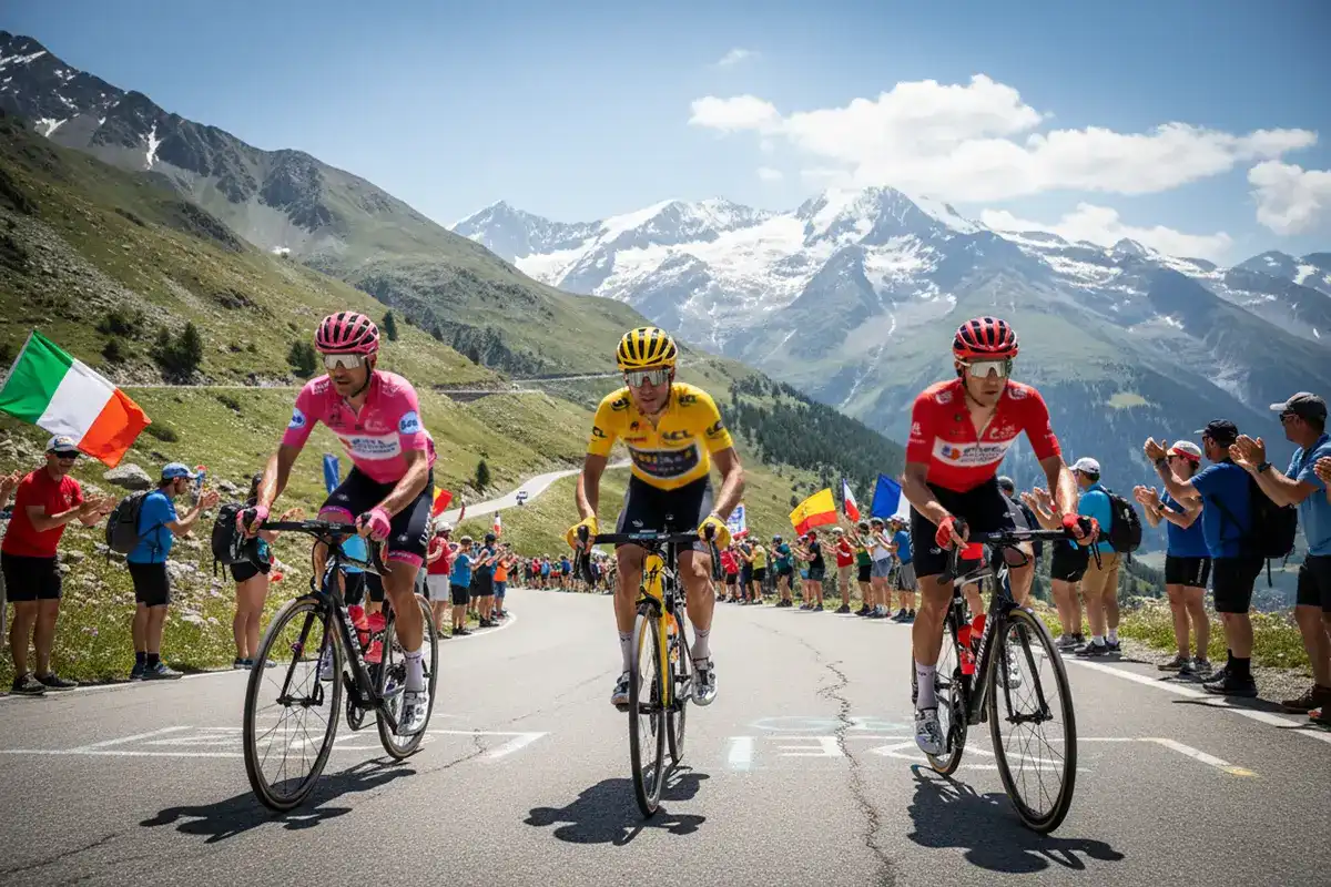 Ciclistas profesionales ascendiendo un puerto de montaña en una gran vuelta de ciclismo