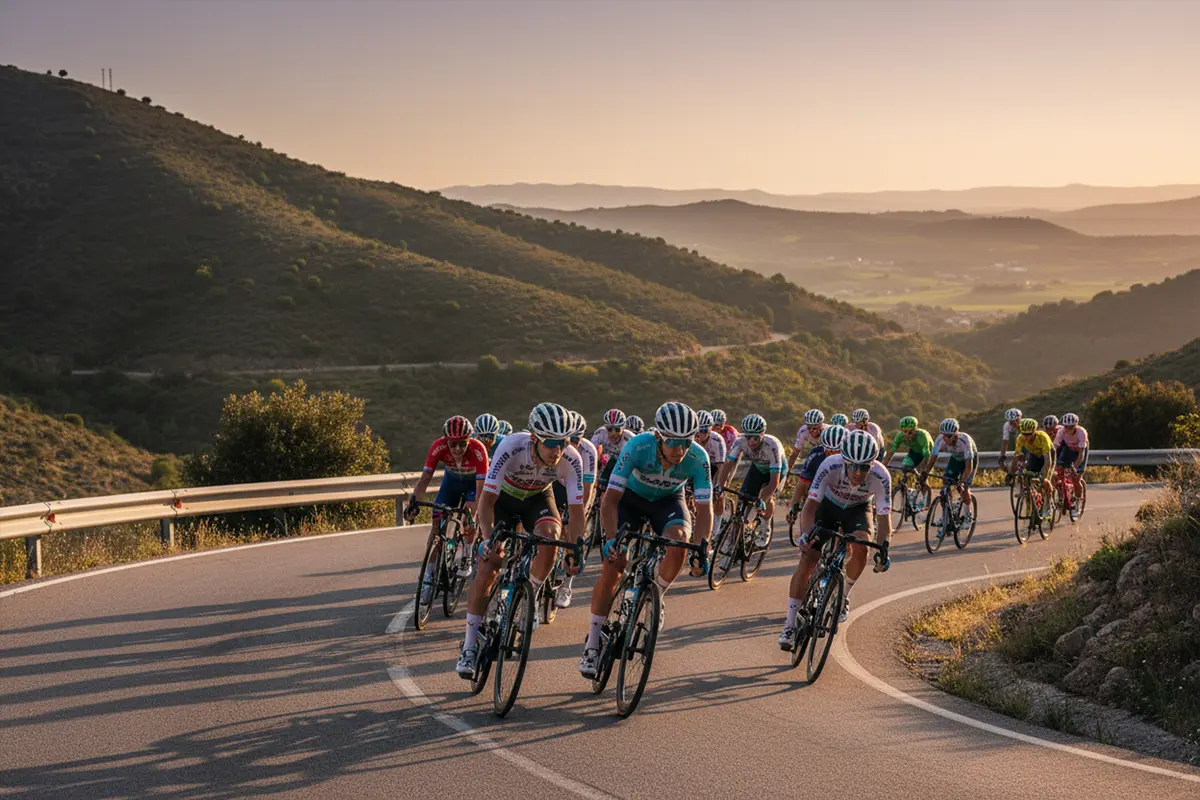 Pelotón ciclista en carretera de montaña durante una etapa de gran vuelta en España