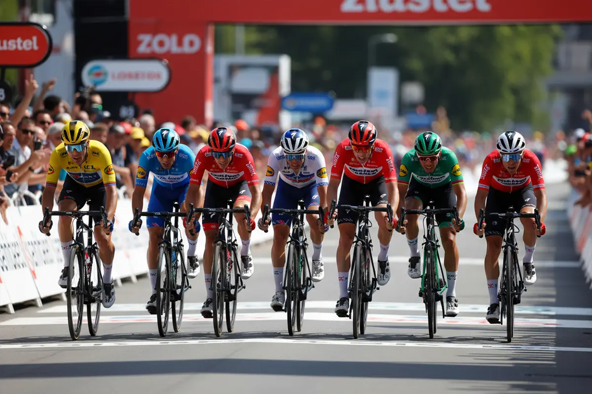 Vista aérea de un sprint masivo en una etapa llana de ciclismo profesional